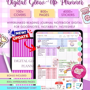 Può includere: Planner digitale Digital Glow-Up con oltre 100 copertine, 800+ pagine e 4000+ adesivi. Il planner include sezioni di finanza, stile di vita, routine di allenamento, monitoraggio della salute, benessere e produttività.
