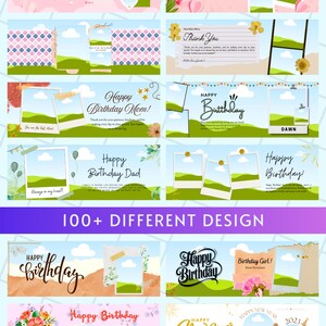 May include: A collection of digital greeting card templates with various designs for Valentine's Day, Mother's Day, birthdays, and New Year. Each template includes space for photos and personalized messages, with floral and scenic backgrounds.
