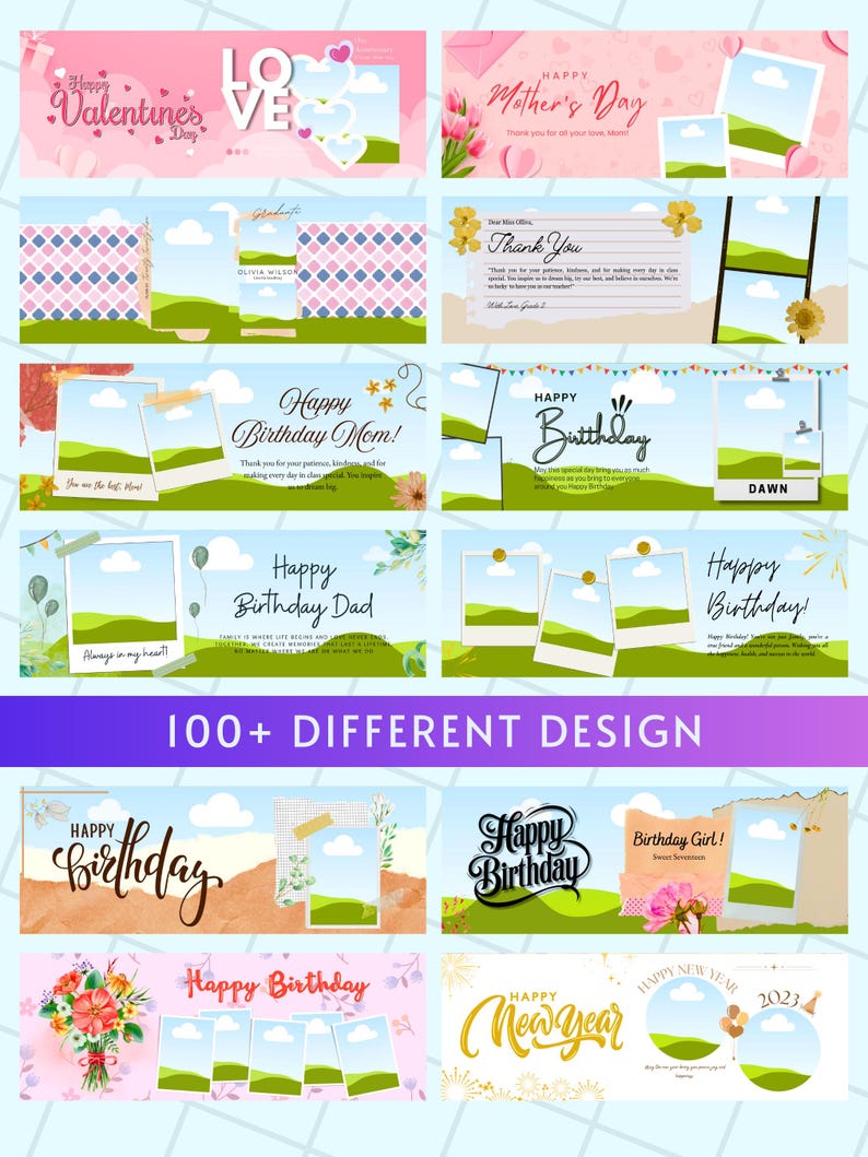May include: A collection of digital greeting card templates with various designs for Valentine's Day, Mother's Day, birthdays, and New Year. Each template includes space for photos and personalized messages, with floral and scenic backgrounds.