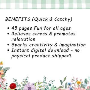May include: Image with text listing benefits: 45 pages of fun, relieves stress, sparks creativity, and instant digital download. Floral border at the bottom and a green gingham pattern at the top.
