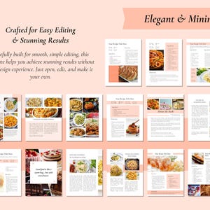 K&ouml;nnte beinhalten: Eine digitale Kochbuchvorlage mit pfirsichfarbenem Hintergrund und minimalistischem Design. Die Vorlage enth&auml;lt Seiten mit Rezeptlayouts, Food-Fotografie und den Texten "Crafted for Easy Editing & Stunning Results" und "Elegant & Minimal".