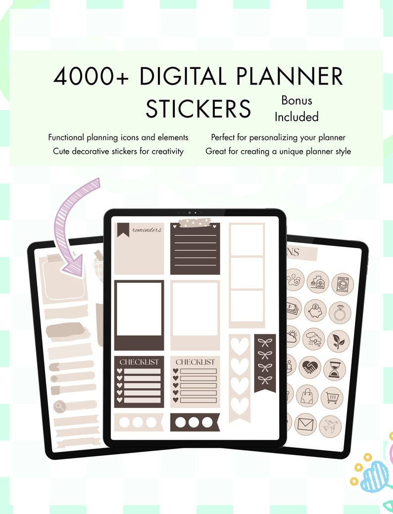 Puede incluir: Una colecci&oacute;n digital de m&aacute;s de 4000 pegatinas para planificador mostradas en tres pantallas de tableta. Las pegatinas incluyen listas de verificaci&oacute;n, marcos tipo polaroid, cajas de recordatorios e iconos circulares en tonos neutros.