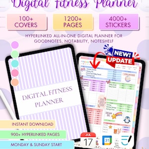 May include: Digital Fitness Planner with 100+ covers, 1200+ pages, and 4000+ stickers. The digital planner is designed for GoodNotes, Notability, and Noteshelf. The image shows a tablet with a finance section and a calendar dated July 17 and 31.