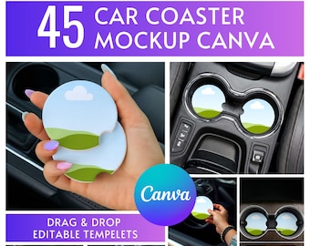 Mockup di sottobicchieri per auto Canva, portabicchieri doppio per console con stampa a sublimazione, 45 mockup modificabili, download digitale