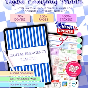 Puede incluir: Planificador de emergencia digital con más de 100 portadas, más de 800 páginas y más de 4000 pegatinas. El planificador incluye descarga instantánea y está diseñado para GoodNotes, Notability y Noteshelf.