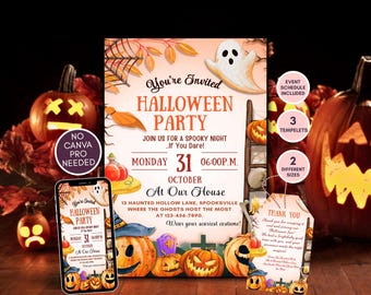 Spooky Pumpkin Halloween Party Invitation Template: Editable Canva Design (Digital Download)