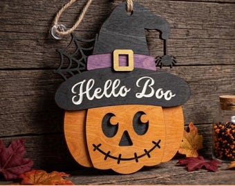 Hello Boo Halloween Door Hanger Svg, Witch Hat Pumpkin Door Sign, Halloween Svg, Laser Cut File, Glowforge Svg, Boo Door Decor, Pumpkin Svg