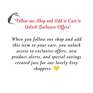 Puede incluir: Un letrero gr&aacute;fico blanco con un borde a cuadros verde claro que presenta un icono de bolsa de compras negra y texto rojo: Follow our Shop and Add to Cart to Unlock Exclusive Offers! Debajo hay texto negro que explica c&oacute;mo desbloquear ofertas, terminando con un coraz&oacute;n amarillo.