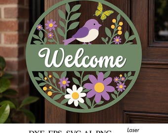 Floral Bird Welcome Door Hanger, Laser Cut File, Round Door Sign, Glowforge xTool Design, Spring Door Hanger svg, Flowers Door Hanger dxf