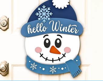 Hello Winter Door Hanger Svg, Snowman Door Sign Svg, Winter Snowflake Svg, Laser Cut File, Glowforge Svg, Christmas Door Decor, Snowman Svg