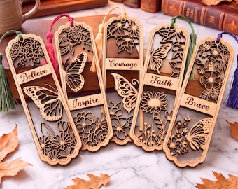 Laser Cut Bookmark Bundle, Floral Butterfly Bookmark Laser File, Inspirational Bookmark SVG for Glowforge, Laser Engraving, Digital Download