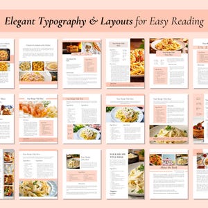 K&ouml;nnte beinhalten: Rezeptlayouts mit eleganter Typografie und gut lesbarem Design. Jede Seite enth&auml;lt einen Rezepttitel, Zutaten und Anweisungen, begleitet von Food-Fotografie. Das Farbschema ist zartrosa und wei&szlig;.