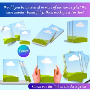 May include: A collection of book mockups with a blue sky, white cloud, and green landscape design. The image includes various book arrangements, including open books, stacks, and a spiral-bound notebook. Text on the image says "Would you be interested in more of the same styles?" and "Check out the link in the description."
