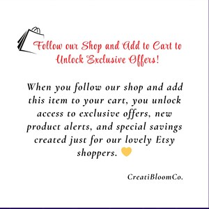 May include: White background with text in red and black, including "Follow our Shop and Add to Cart to Unlock Exclusive Offers!" and "CreatiBloomCo." A shopping bag graphic is in the upper left corner. The text describes exclusive offers.
