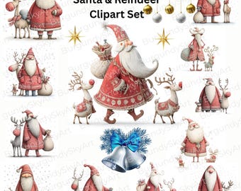 Scandi Christmas Santa Clipart with Reindeer, Cute Red Santa PNG Bundle, Scandinavian Christmas Clip Art, 12 High Resolution PNG