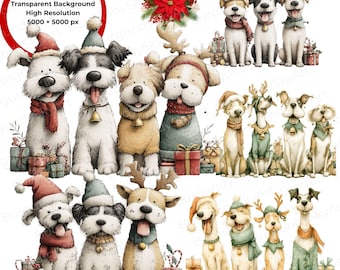 Clipart de perros divertidos navideños: paquete de cachorros navideños adorables PNG: perros risueños, mascotas festivas de dibujos animados: 15 PNG transparentes