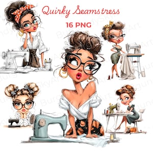 Può includere: Illustrazioni digitali di donne con macchine da cucire. Le immagini mostrano donne con occhiali che cuciono, con il testo "Quirky Seamstress 16 PNG". Le illustrazioni sono in stile cartone animato con colori vivaci.