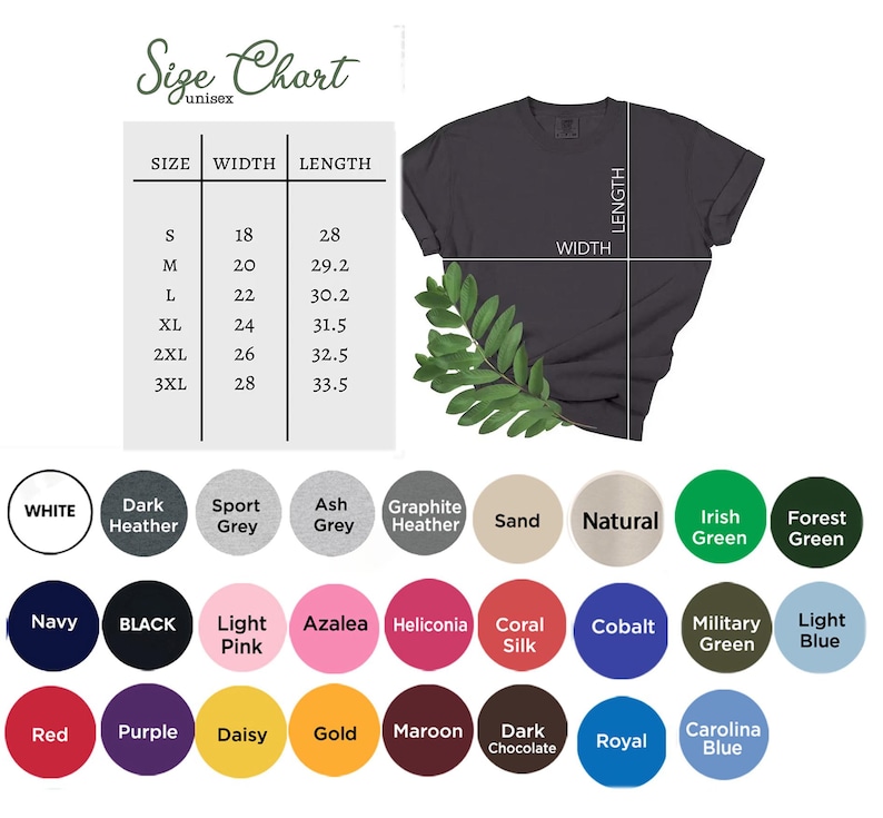 May include: A dark gray unisex t-shirt with a size chart and color options. The size chart shows measurements in inches for width and length. Color options include white, black, and various shades of gray, pink, blue, and green.