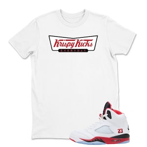 Krispy Kicks Sneaker tee- Fire Red 5 Sneaker Match Shirt, Jordan 5 Fire Red Unisex Tee, Fire Red Black White