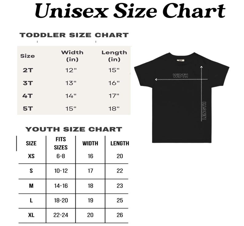 May include: A black t-shirt with a size chart for toddlers and youth. The chart includes sizes, widths, and lengths in inches. The text "Unisex Size Chart" is at the top.