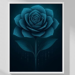 May include: A framed art print featuring a digital art rendering of a teal rose. The rose is composed of binary code, with a dark teal background. The image is in a white frame, creating a modern and tech-inspired aesthetic.