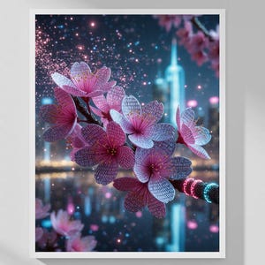 Może przedstawiać: Oprawiony wydruk przedstawiający różowe kwiaty wiśni na pierwszym planie, z rozmytym krajobrazem miejskim w tle. Kwiaty mają szczegółowe płatki, a tło przedstawia światła miasta i ciemne, gwiaździste niebo.