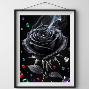 May include: Framed art print featuring a black rose with binary code around the petals. The image includes a smoky effect and colorful gems against a black background. The artwork is displayed in a black frame.