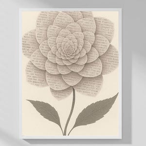 Może przedstawiać: Oprawiony wydruk przedstawiający stylizowany kwiat. Kwiat składa się z warstwowych płatków z tekstem, w odcieniach beżu i szarości. Łodyga i liście są ciemnoszare. Grafika umieszczona jest na kremowym tle.