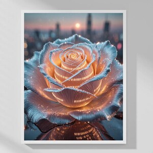 Könnte beinhalten: Digitaldruck mit einer leuchtenden Rose mit Binärcode-Details. Die Rose hat ein warmes orangefarbenes Zentrum und kühle blaue Blütenblätter. Der Hintergrund zeigt eine verschwommene Stadtlandschaft bei Sonnenuntergang. Die Reflexion der Rose ist sichtbar.