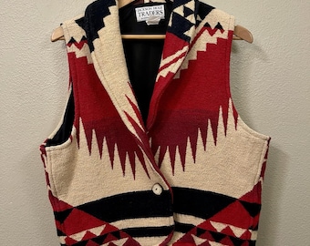 VTG Jackson Hole Traders Southwestern Vest Shawl Collar Cotton Aztec USA M/L