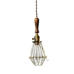 Caged Trouble light in Antique brass / Wood Handle - on/off turnkey socket - Vintage Cloth wire - Ceiling hardwire or plugin - Free Shipping