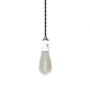 May include: A white porcelain light socket with a clear glass light bulb hanging from a black twisted cord.