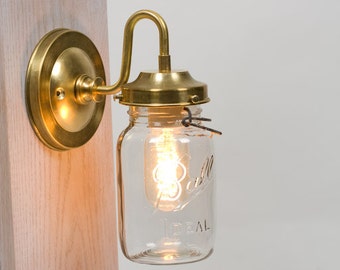 Vintage Mason Jar Brass Arm Wall Sconce