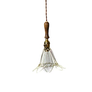 Antique style wood handled turnkey switch trouble light pendant - open / close antique brass cage - brown stained wood handle - vintage
