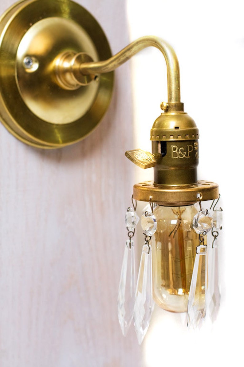 Brass Arm Open Crystal Shade Bare Bulb Vintage Style Paddle Key Socket Wall Sconce image 2