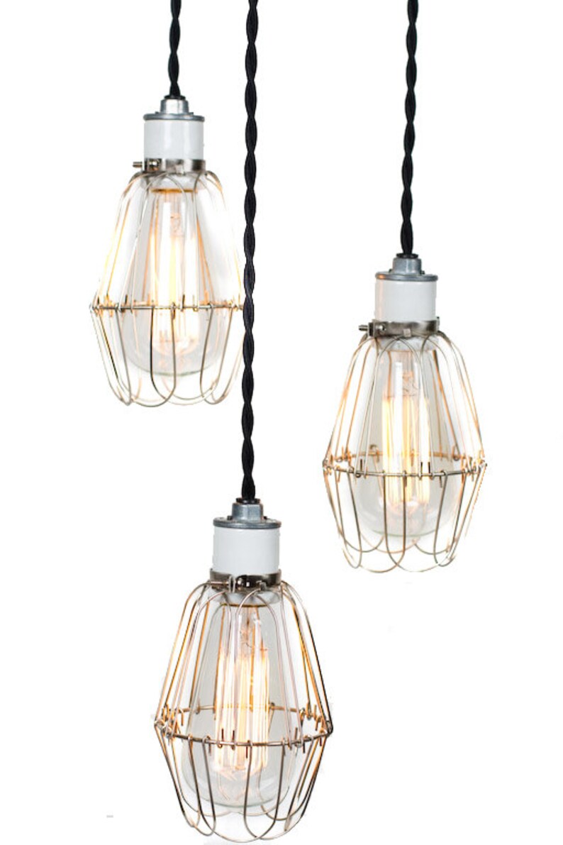 Modern Industrial Porcelain Socket Silver Caged 3 Light Chandelier