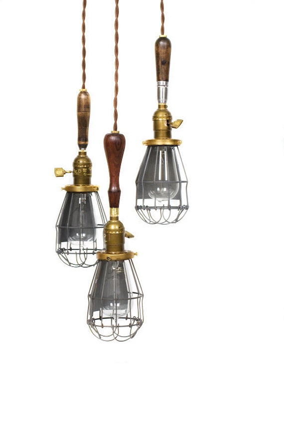 3 Lumière Cage Manche en Bois Vintage Du Mal Edison Clair Lustre