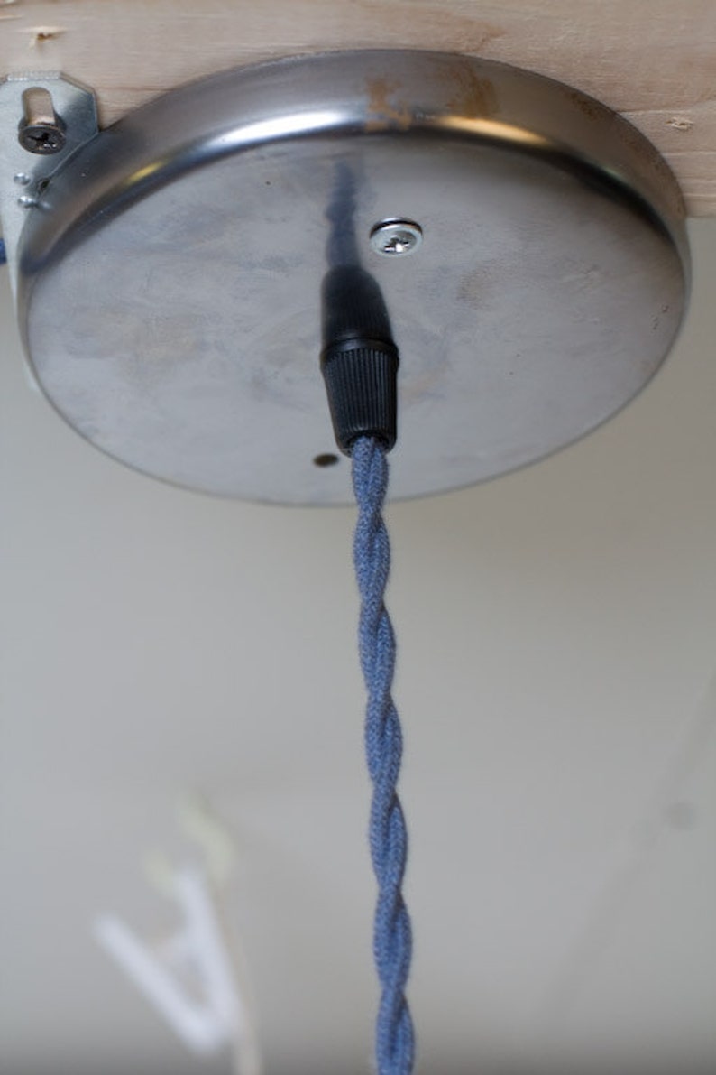 Bare Bulb Minimalist Brushed Silver Socket Colored Wire Pendant Denim image 3