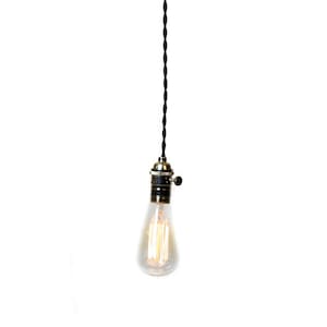 Pode incluir: Uma lâmpada pendurada em um fio preto com uma tomada de latão e um interruptor de corrente. A lâmpada é uma lâmpada Edison de vidro transparente com um filamento visível dentro.