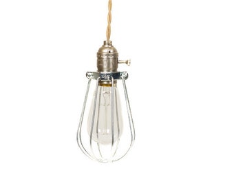 Vintage Industrial Caged - Silver Minimalist Bare Bulb Pendant Light