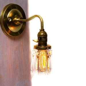 Brass Arm Open Crystal Shade Bare Bulb Vintage Style Paddle Key Socket Wall Sconce image 1