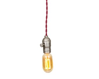Bare Bulb Minimalist Brushed Silver Socket Colored Wire Pendant ( Wine )