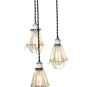 Modern Industrial Porcelain Socket Brass Caged 3 Light Chandelier