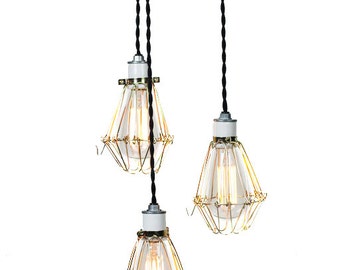 Modern Industrial Porcelain Socket Brass Caged 3 Light Chandelier