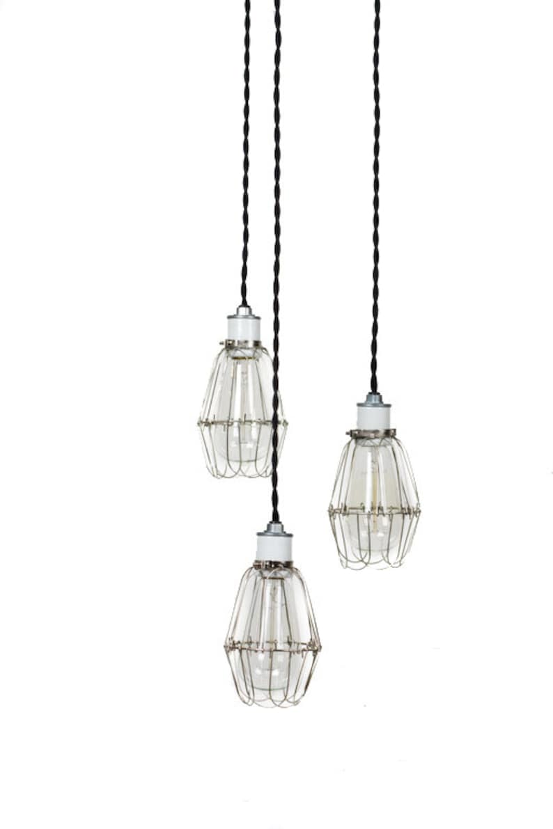 Modern Industrial Porcelain Socket Silver Caged 3 Light Chandelier
