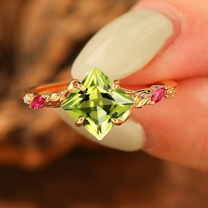 Vintage 2CT Princess Cut Green Natural Peridot Solitaire Ring, Twisted Leaf Band Marquise Red Ruby, 14k Yellow Solid Gold Custom Bridal Ring