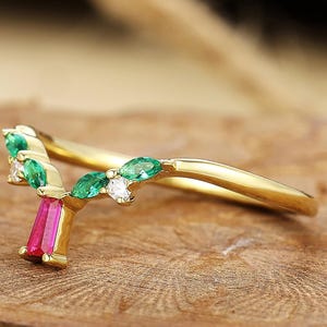 Golden Red Ruby Green Emerald Whisper Ring | Delicate V-Shaped Moissanite Stackable Ring Timeless Fine Jewelry for Bridal Wedding Band Ring
