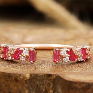 Baguette Ruby & Moissanite Diamond 14k Rose Gold Open Stacking Cuff Wedding Band, Dainty Open Half Eternity Promise Custom Ring for Women