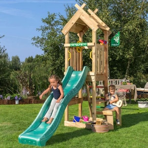 Wooden Outdoor Playset with Slide and Tower – Backyard Kids Swing Set – Climbing Frame with Sandbox – Montessori Playhouse Playground