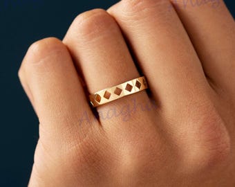 Geometric Gold Band Ring, Diamond Cutout Design Ring, Minimalist Wedding Band, Unisex Statement Ring, Christmas Gift for Him Her